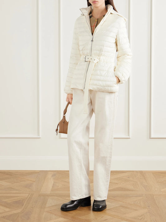 Image of Coats & Jackets. Product name - Belted Quilted Padded Shell Hooded Jacket in Ivory colour by brand - Burberry
