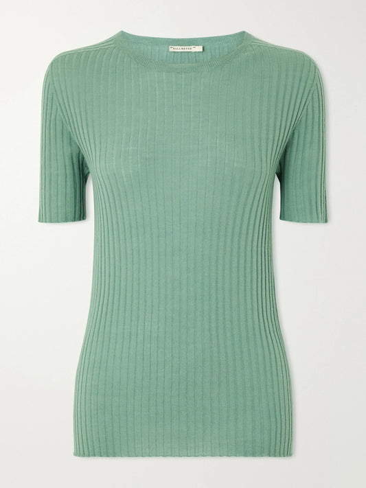 Image of a model wearing Tops. Product name - Ribbed-knit Merino Wool T-shirt in Green colour by brand - KALLMEYER