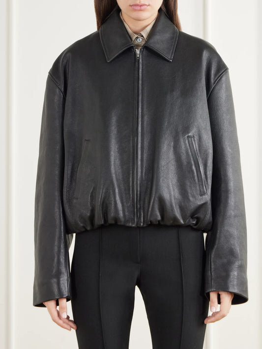 Acne Studios Cropped Gathered Logo-embossed Leather Bomber Jacket