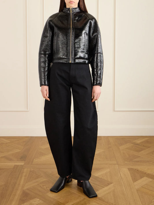 Image of Coats & Jackets. Product name - Cropped Shearling Bomber Jacket in Black colour by brand - Alaïa