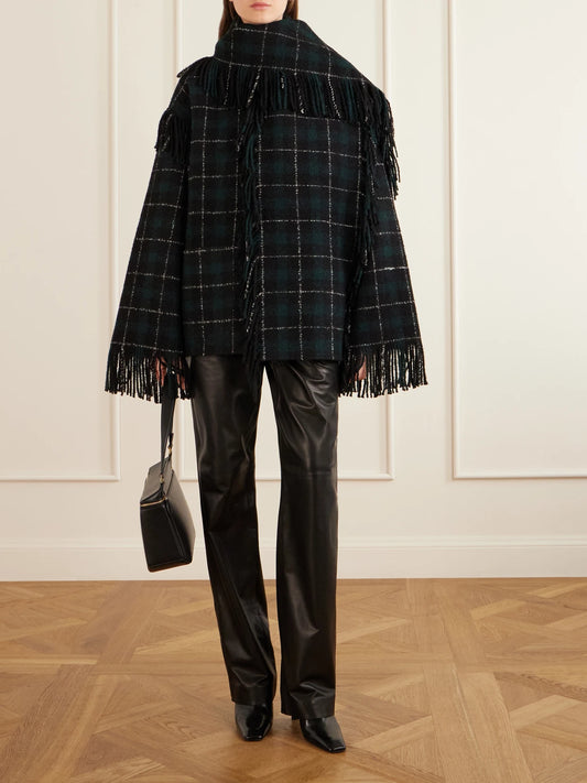 Image of Coats & Jackets. Product name - Fringed Checked Wool-blend Jacket in Dark green colour by brand - TOTEME