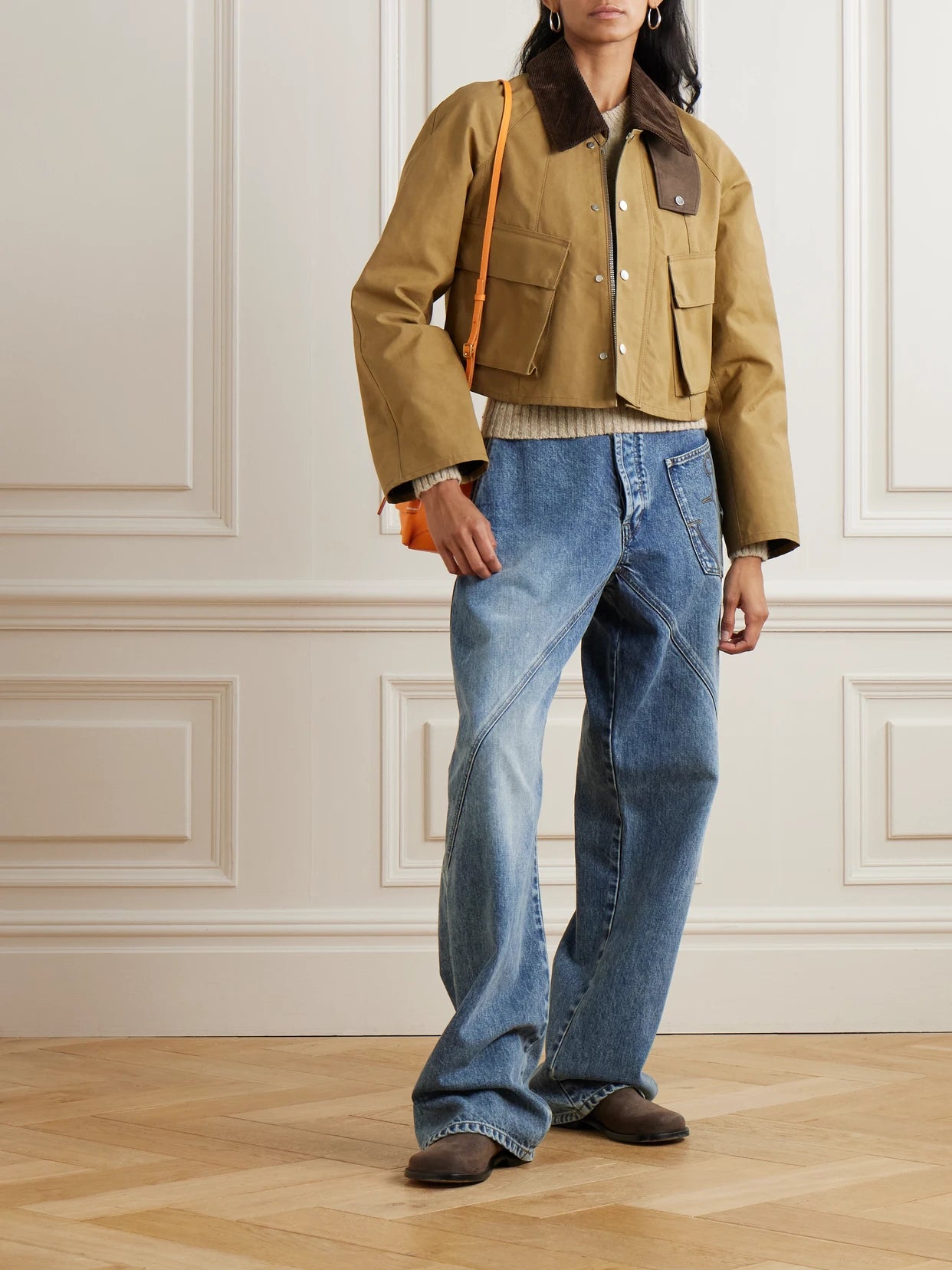Image of Coats & Jackets. Product name - Cropped Corduroy-trimmed Waxed-cotton Jacket in Beige colour by brand - JW Anderson
