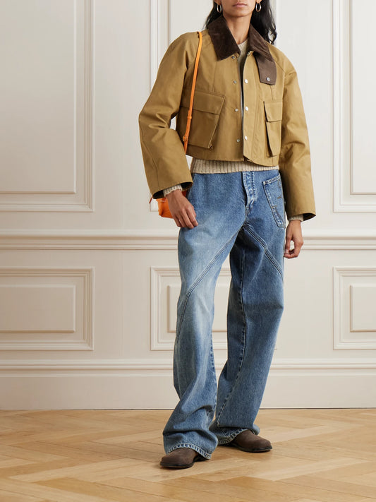 Image of Coats & Jackets. Product name - Cropped Corduroy-trimmed Waxed-cotton Jacket in Beige colour by brand - JW Anderson
