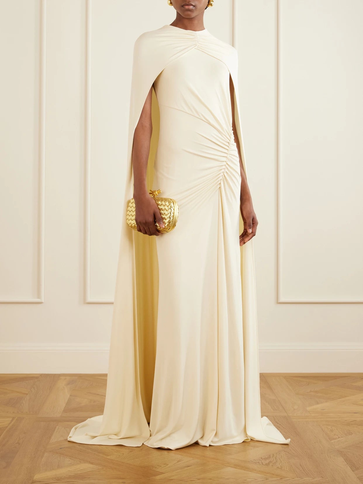 Image of Dresses. Product name - Cape-effect Gathered Jersey Gown in Pastel yellow colour by brand - SIMKHAI
