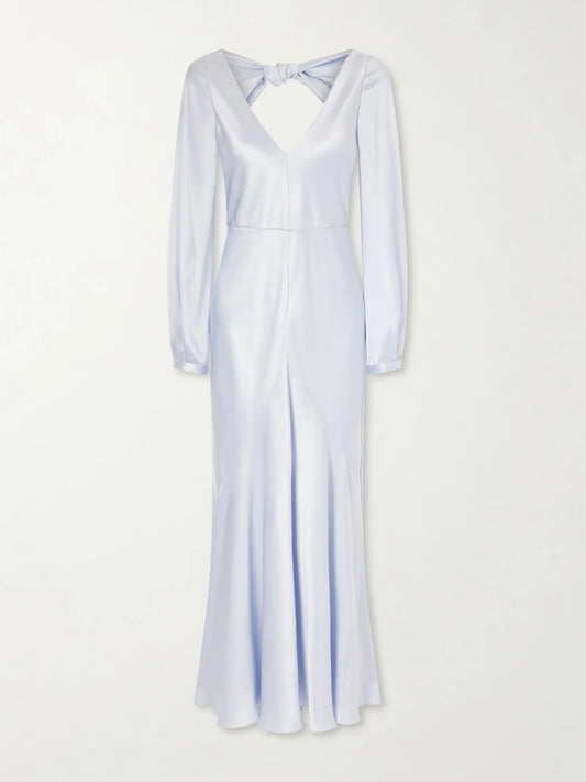 Image of Dresses. Product name - Peyton Knotted Cut-out Satin-silk Maxi Dress in Sky blue colour by brand - Gabriela Hearst