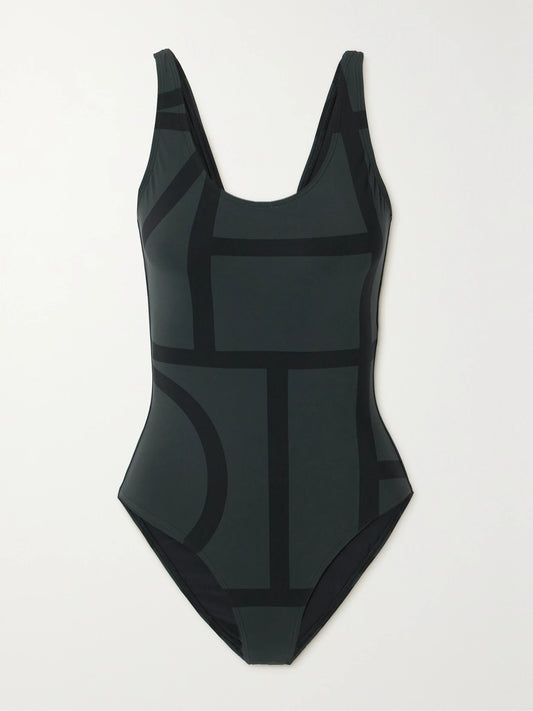 Image of Swimwear. Product name - Monogram Printed Recycled Swimsuit in Black colour by brand - TOTEME