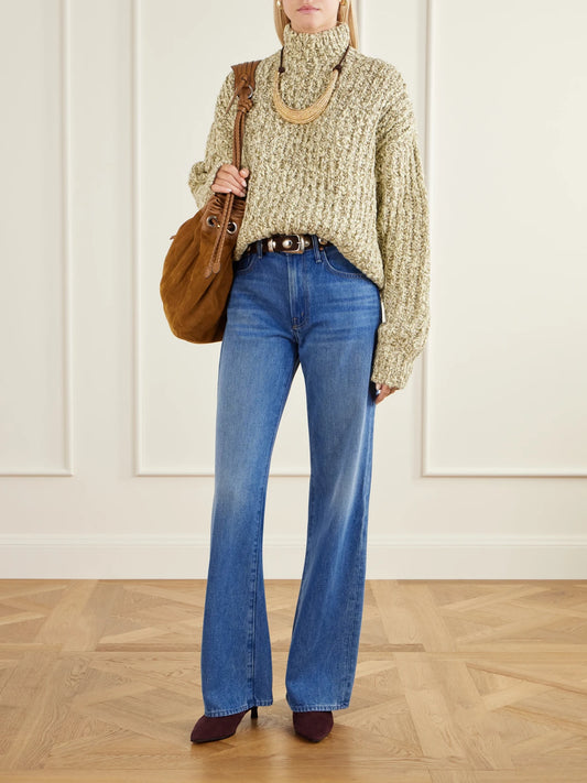 Image of a model wearing Outerwear. Product name - Albie Ribbed-knit Turtleneck Sweater in Green colour by brand - Ulla Johnson