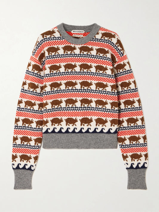 Image of a model wearing Outerwear. Product name - Intarsia Wool Sweater in Multi colour by brand - JW Anderson