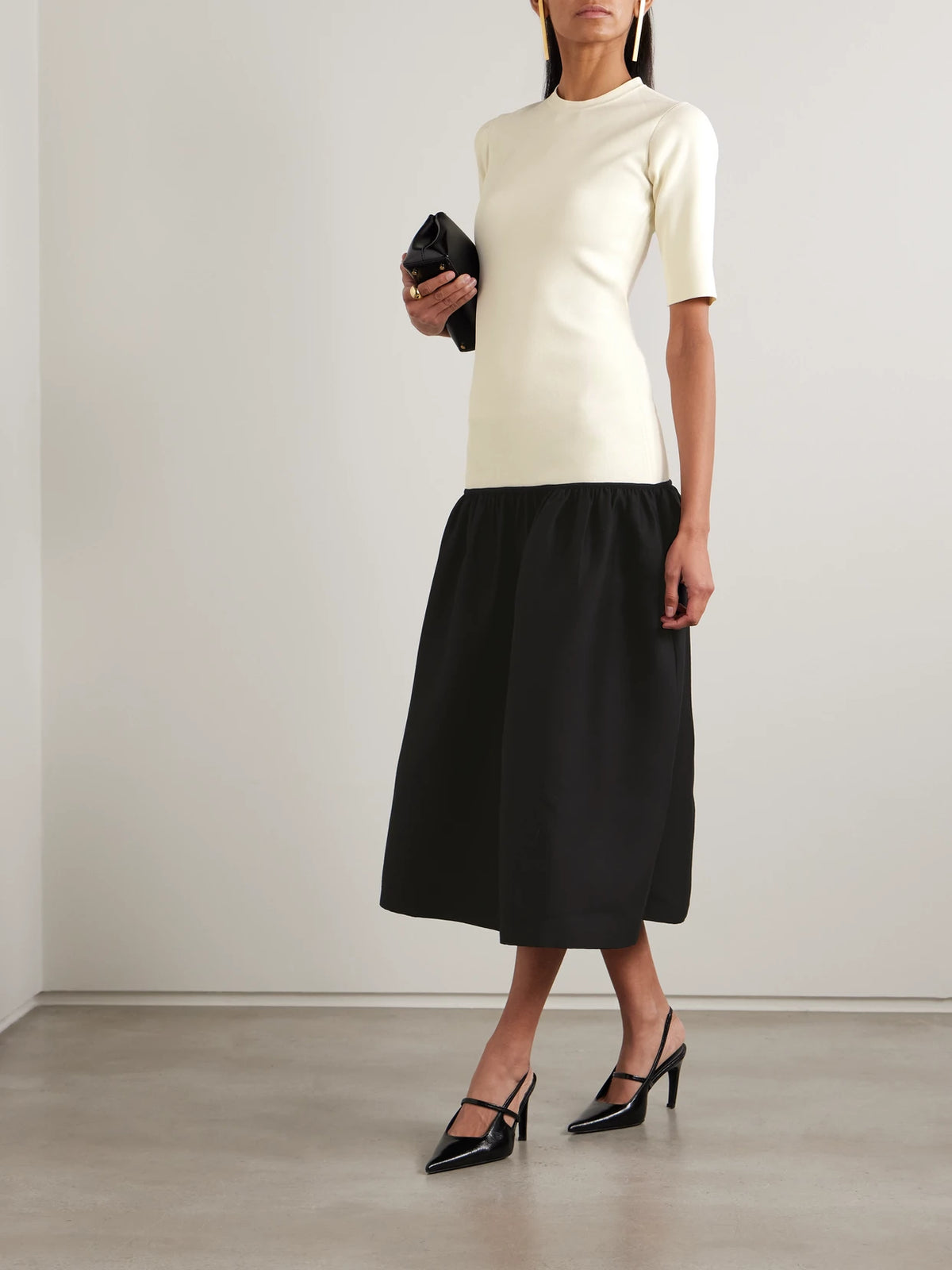 Image of Dresses. Product name - Twinflower Gathered Ribbed-knit And Wool And Silk-blend Crepe Midi Dress in Ecru colour by brand - TOTEME