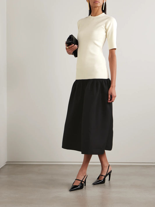 Image of Dresses. Product name - Twinflower Gathered Ribbed-knit And Wool And Silk-blend Crepe Midi Dress in Ecru colour by brand - TOTEME