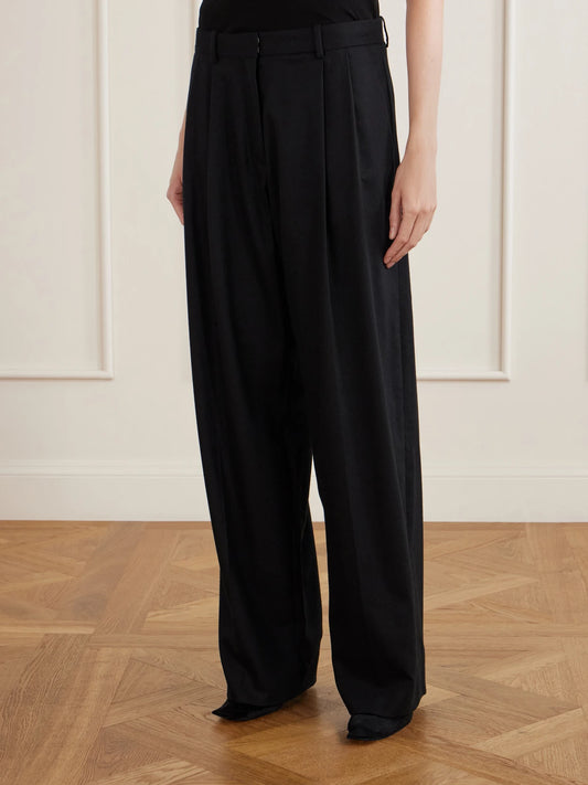 KHAITE August Pleated Wool-blend Flannel Straight-leg Pants