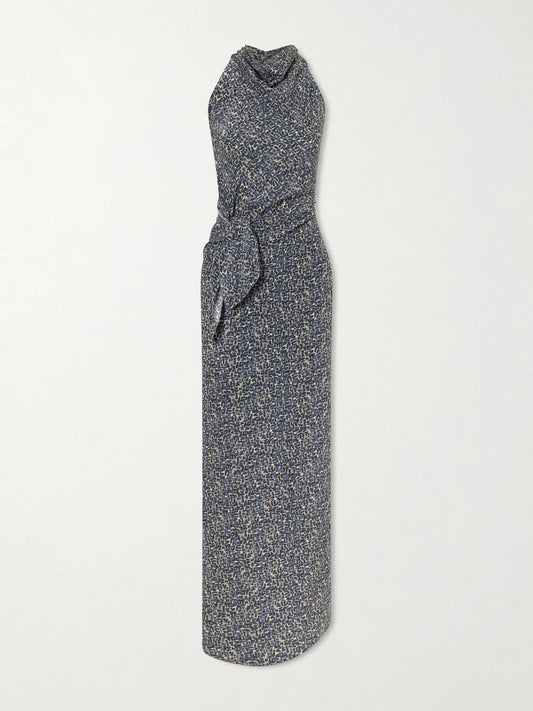 Image of Dresses. Product name - Corallo Printed Silk-satin Midi Dress in Navy colour by brand - Cortana