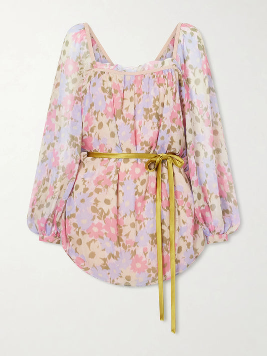 Belted Floral-print Silk-georgette Blouse