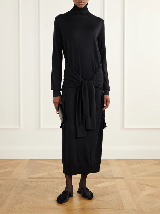 Image of Dresses. Product name - Tie-detail Wool And Silk-blend Midi Dress in Black colour by brand - TOTEME