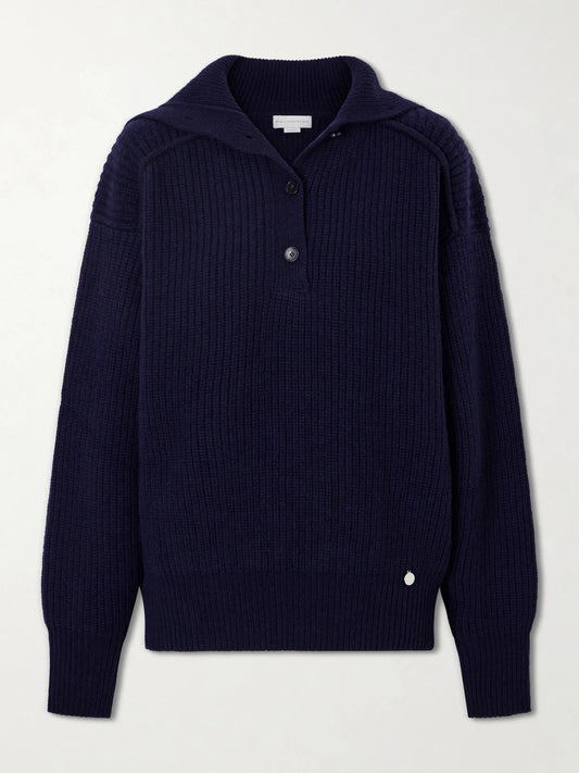 Image of a model wearing Outerwear. Product name - Ribbed-knit Cashmere And Wool-blend Turtleneck Sweater in Navy colour by brand - Stella McCartney