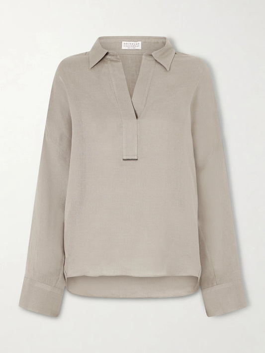 Image of a model wearing Tops. Product name - Linen Blouse in Army green colour by brand - Brunello Cucinelli