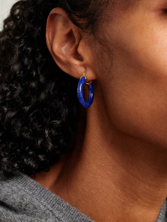 Image of Earrings. Product name - 14-karat Gold Lapis Lazuli Hoop Earrings in Blue colour by brand - Mateo