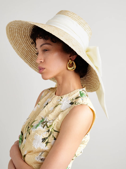 Image of Hats. Product name - Mirabel Grosgrain-trimmed Straw Sunhat in Neutral colour by brand - Eugenia Kim
