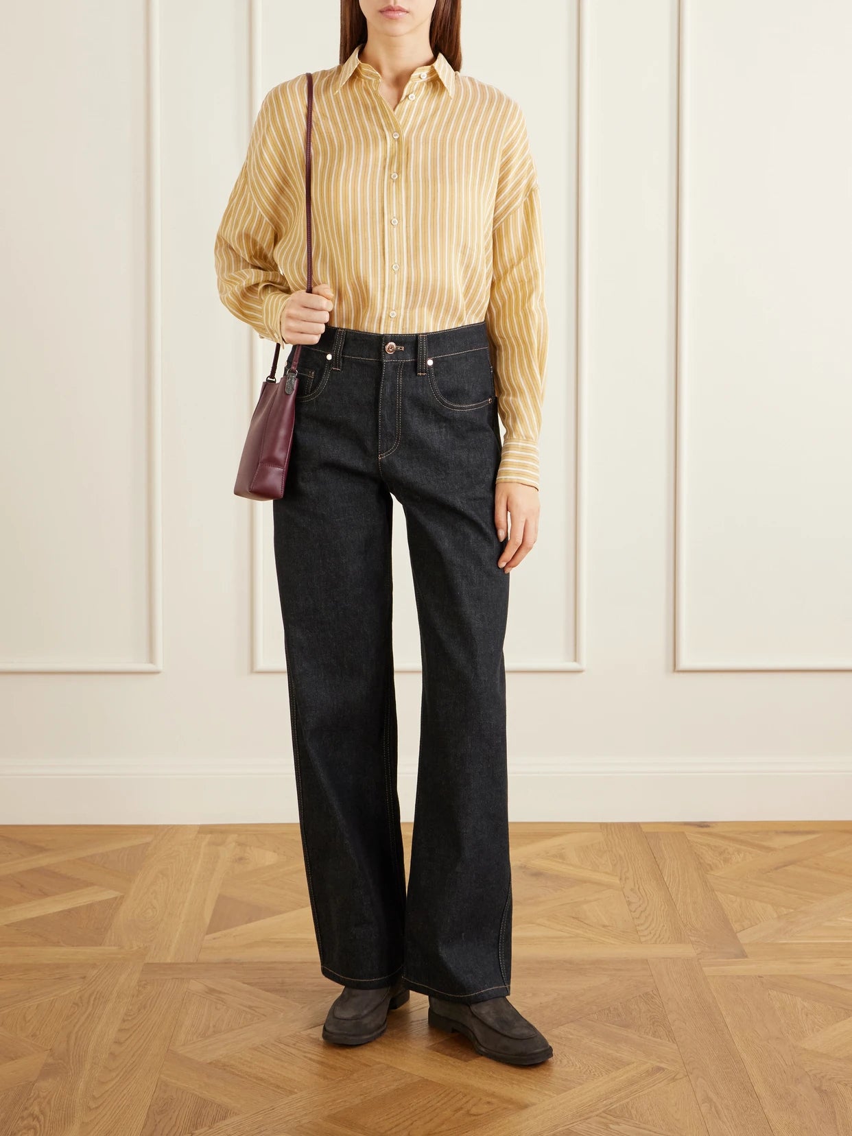 Image of a model wearing Tops. Product name - Bead-embellished Striped Linen And Silk-blend Shirt in Mustard colour by brand - Brunello Cucinelli