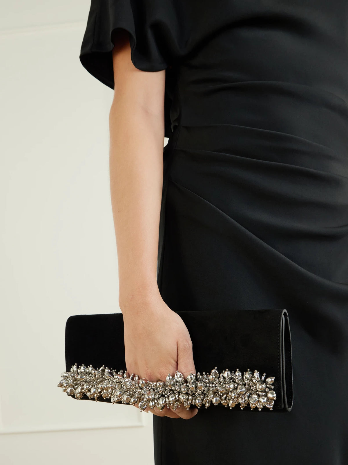 Image of Bags. Product name - River East West Bead-embellished Suede Clutch in Black colour by brand - SIMKHAI