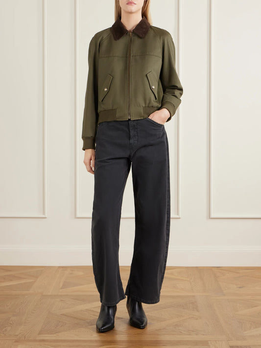 Image of Coats & Jackets. Product name - Victor Corduroy-trimmed Cotton-twill Jacket in Army green colour by brand - Nili Lotan