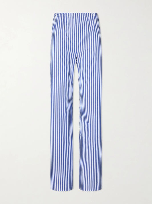 Image of a model wearing Pants. Product name - Striped Cotton Pants in Blue colour by brand - La Ligne