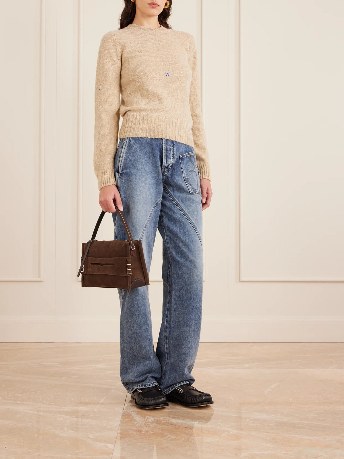 Image of Bags. Product name - Loafer Suede Shoulder Bag in Brown colour by brand - JW Anderson