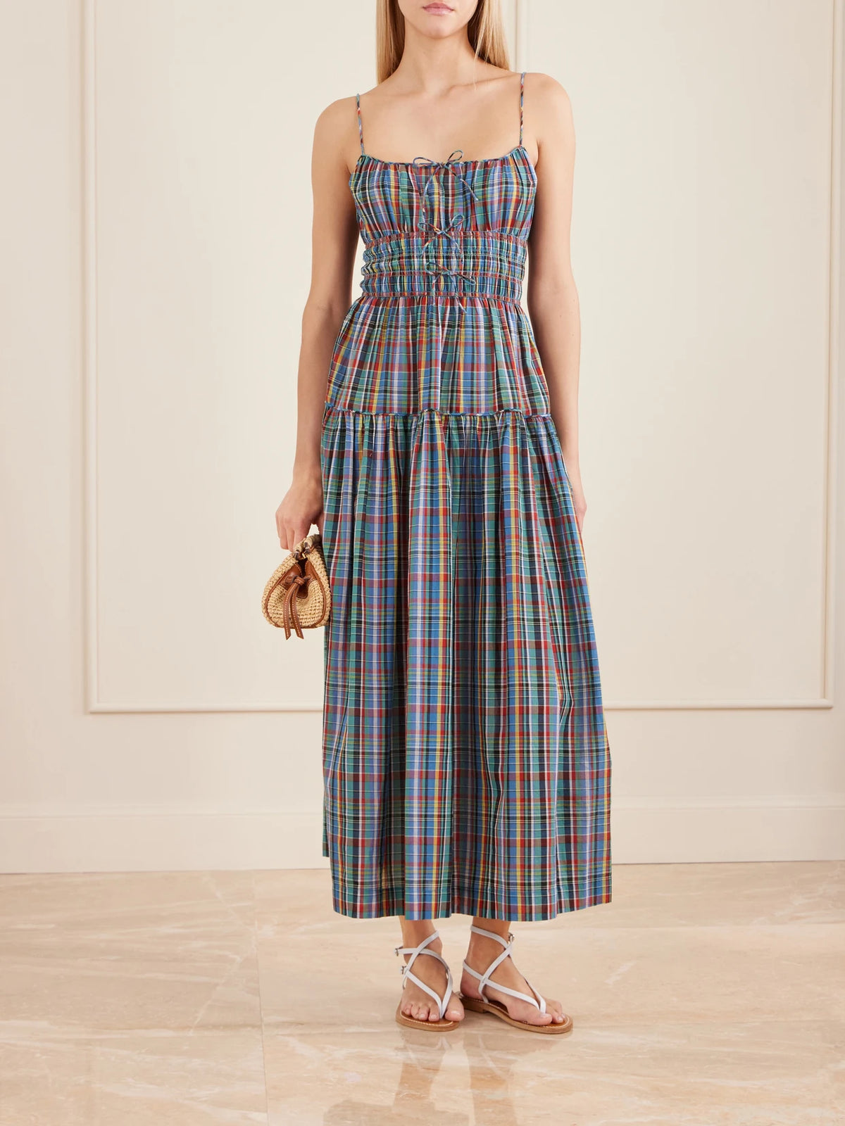 Image of Dresses. Product name - Brielle Gathered Checked Organic Cotton Midi Dress in Blue colour by brand - DÔEN