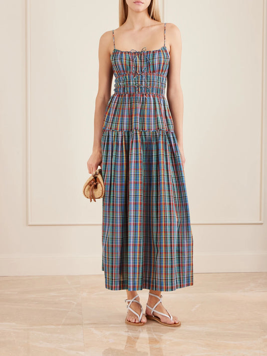Image of Dresses. Product name - Brielle Gathered Checked Organic Cotton Midi Dress in Blue colour by brand - DÔEN