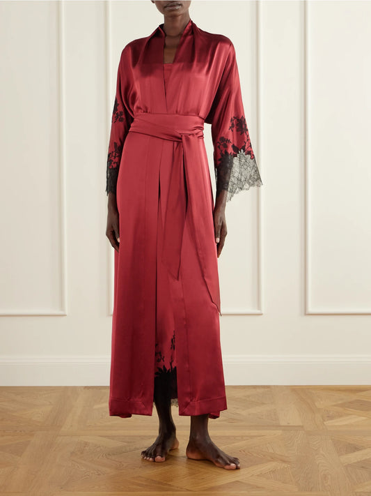 Image of Lingerie. Product name - Belted Lace-embroidered Silk-satin Robe in small, medium colour by brand - Carine Gilson