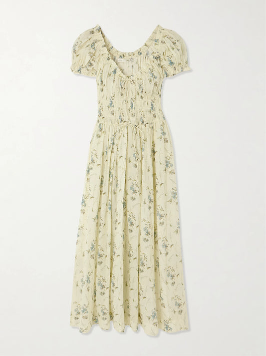 Image of Dresses. Product name - Ashlynn Tie-detailed Shirred Floral-print Organic Cotton-voile Midi Dress in Pastel yellow colour by brand - DÔEN
