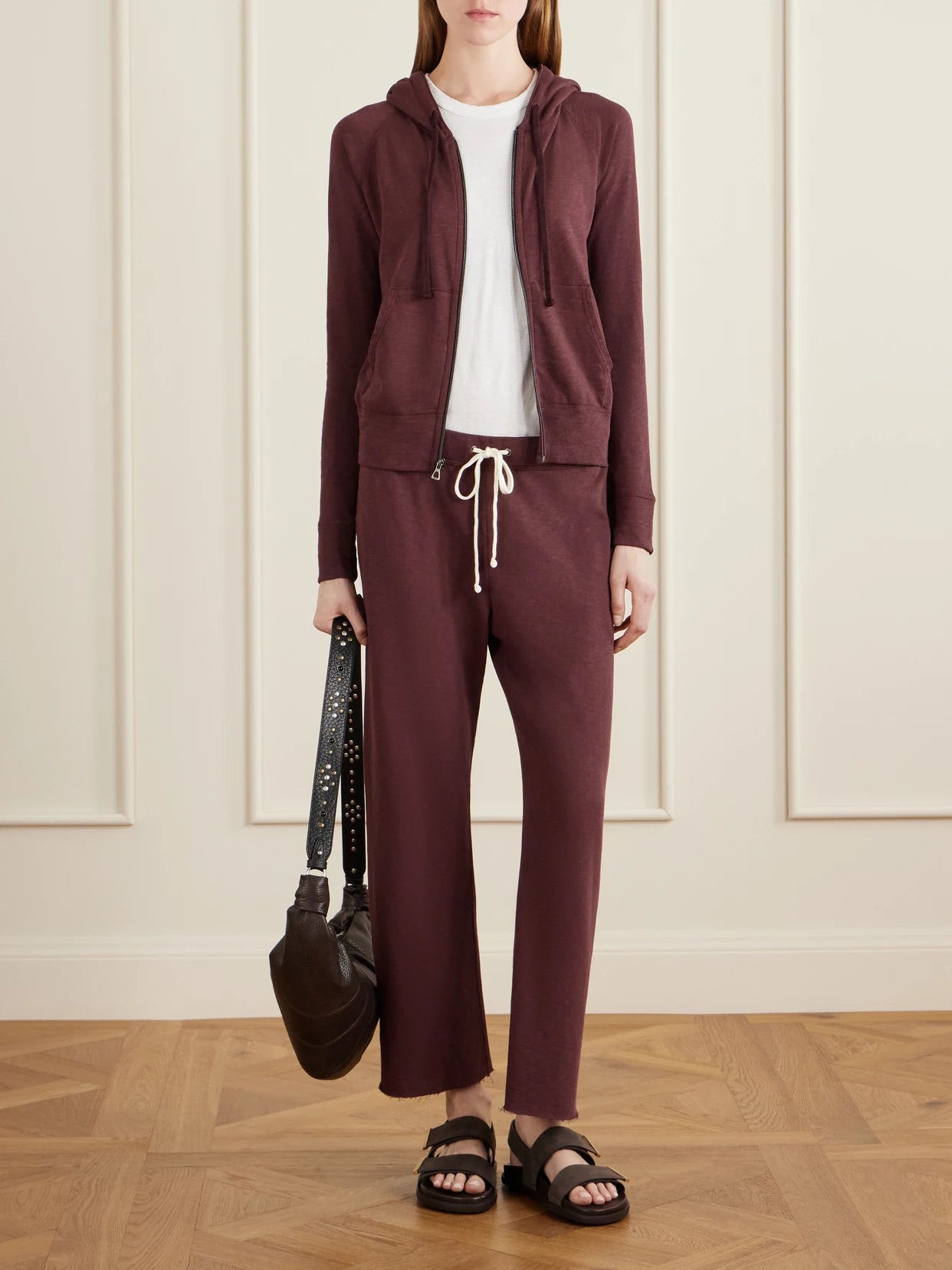 Image of Sleepwear & Loungewear. Product name - Cropped Cotton-terry Wide-leg Track Pants in Burgundy colour by brand - James Perse