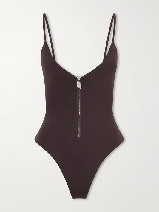 Image of Swimwear. Product name - Half-zip One-piece Swimsuit in Brown colour by brand - The Attico