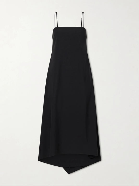 Image of Dresses. Product name - Drape Back Recycled Satin Midi Dress in Black colour by brand - La Ligne