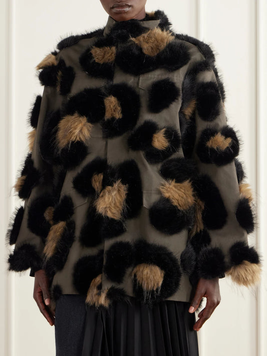Sacai Leopard-effect Plush-trimmed Cotton-twill Jacket