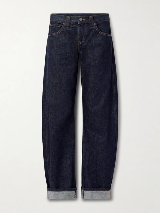 Image of Jeans. Product name - Karo Mid-rise Barrel-leg Jeans in Dark denim colour by brand - KHAITE