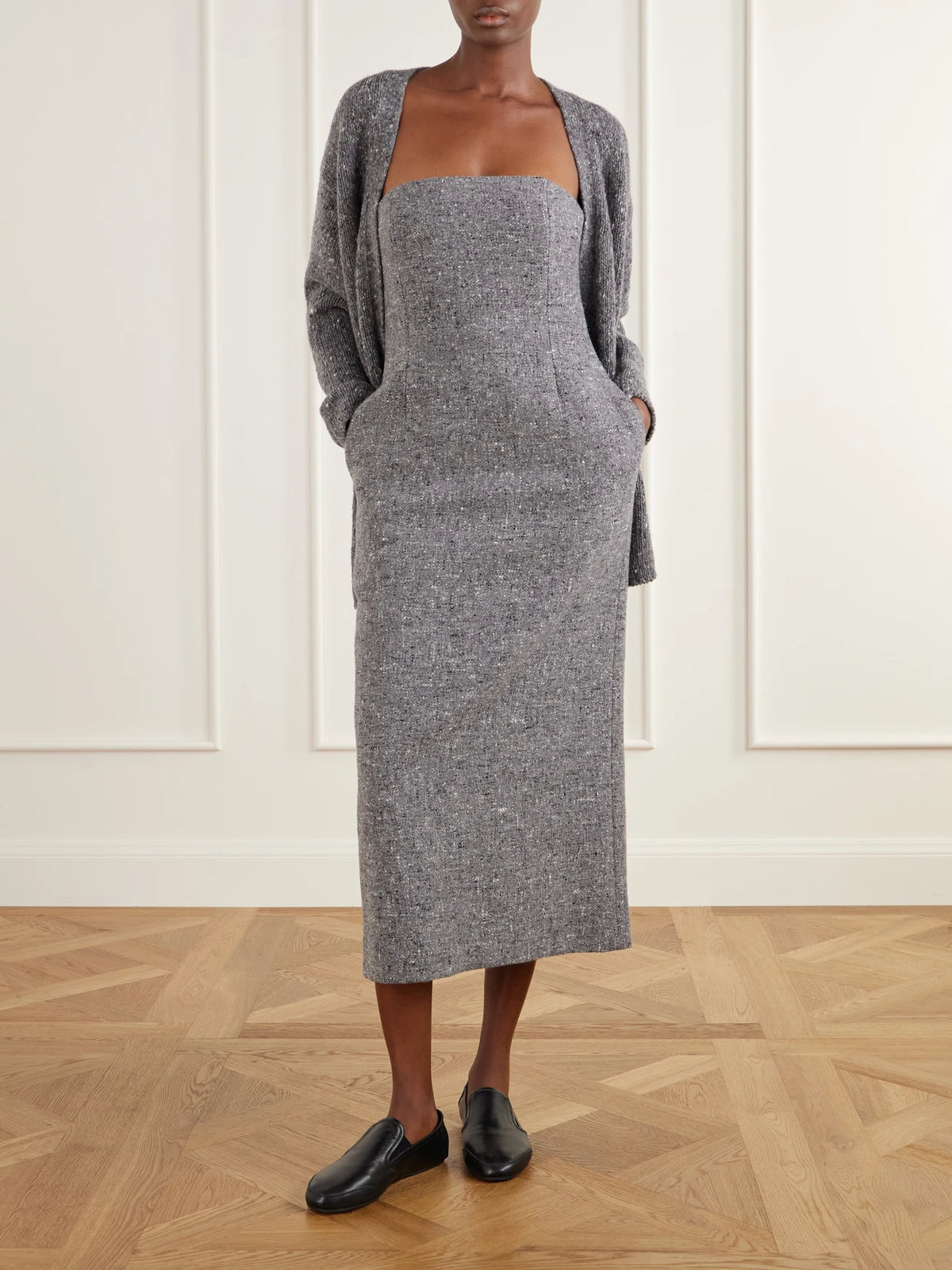 Image of Dresses. Product name - Strapless Wool-tweed Midi Dress in Gray colour by brand - Auralee