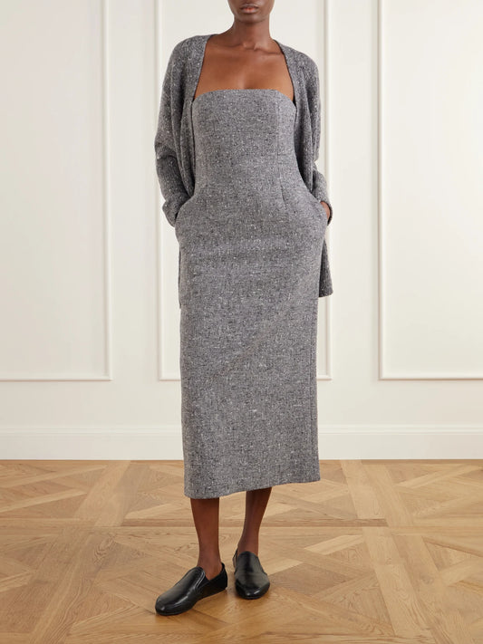 Image of Dresses. Product name - Strapless Wool-tweed Midi Dress in Gray colour by brand - Auralee