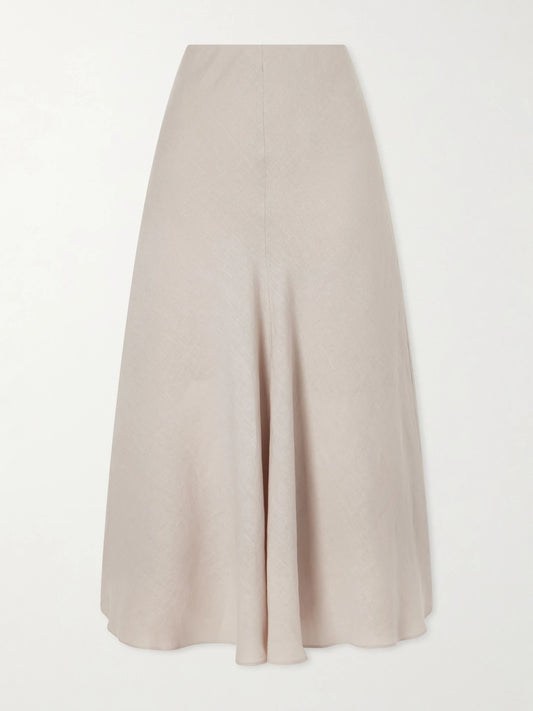 Image of a model wearing Skirts. Product name - Linen Midi Skirt in Sand colour by brand - Brunello Cucinelli