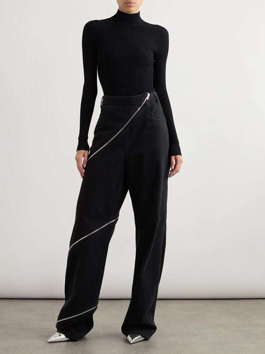 Image of Jeans. Product name - Zip-embellished Wide-leg Jeans in Black colour by brand - Alaïa