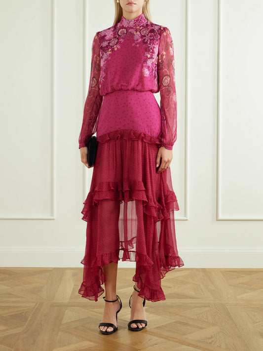 Image of Dresses. Product name - Jolie-c Asymmetric Tiered Floral-print Silk-georgette Maxi Dress in Pink colour by brand - Saloni