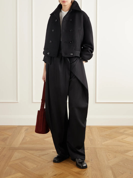 Image of Coats & Jackets. Product name - Double-breasted Rib-trimmed Wool-gabardine Blouson Jacket in Black colour by brand - AMI PARIS