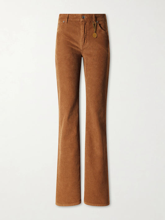 Image of a model wearing Pants. Product name - Cotton-corduroy Flared Pants in Brown colour by brand - Stella McCartney