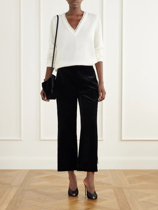 Image of a model wearing Outerwear. Product name - Lace-trimmed Wool Sweater in Cream colour by brand - Posse