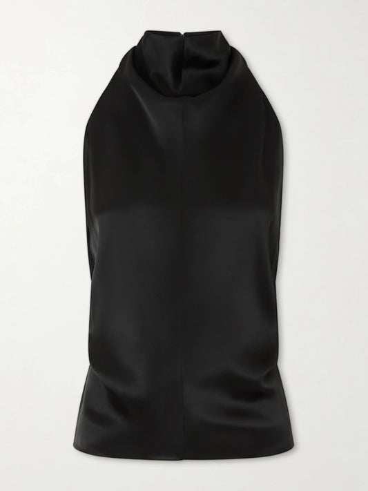 Image of a model wearing Tops. Product name - Rone Satin Halterneck Blouse in Black colour by brand - KHAITE