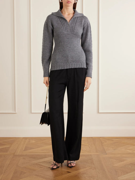 Image of a model wearing Outerwear. Product name - Ribbed-knit Wool Half-zip Turtleneck Sweater in Gray colour by brand - Jil Sander