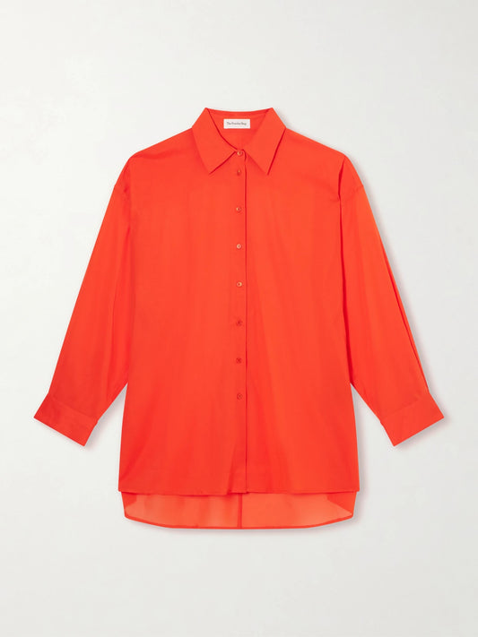 Image of a model wearing Tops. Product name - Melia Open-back Cotton Shirt in Red colour by brand - The Frankie Shop