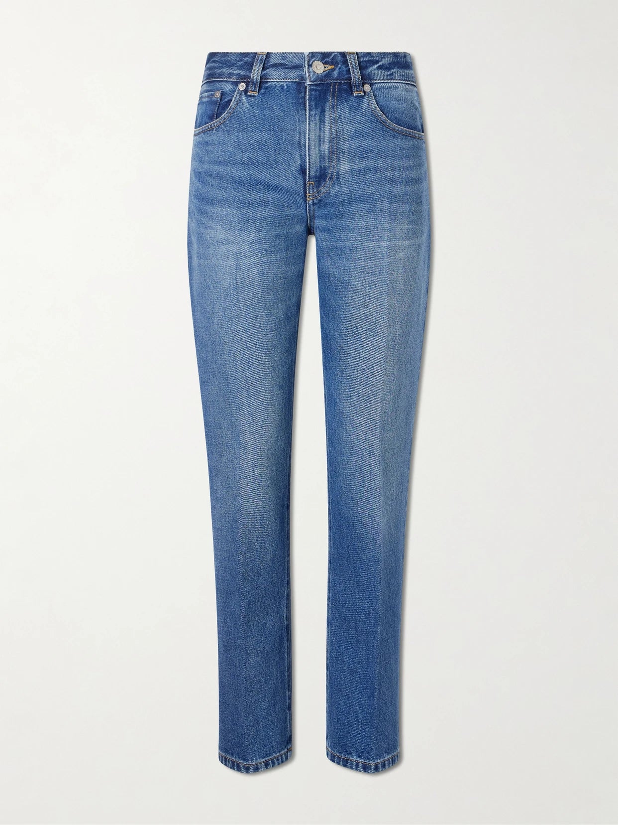 Image of Jeans. Product name - Leather-trimmed Low-waist Flared Jeans in Mid denim colour by brand - Victoria Beckham