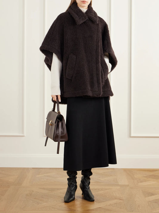 Image of Coats & Jackets. Product name - Tebe Alpaca, Wool And Silk-blend Fleece Cape in Dark brown colour by brand - Max Mara