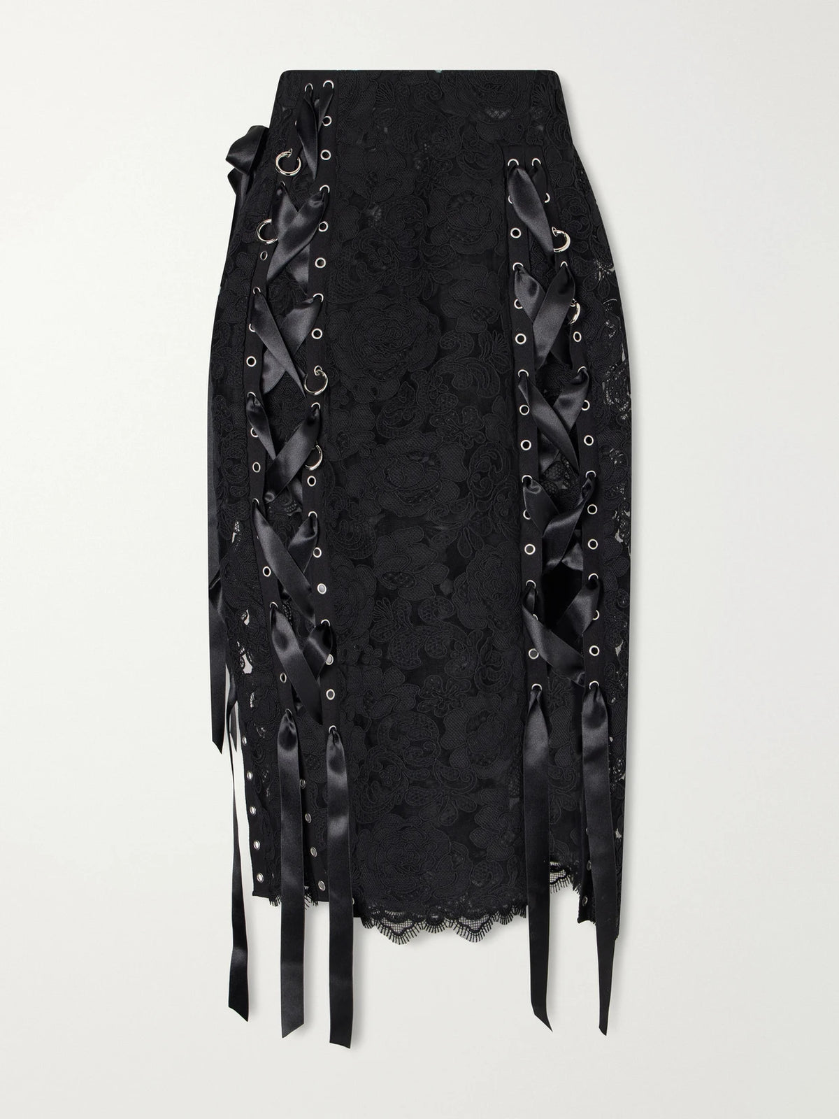 Simone Rocha Unraveling Ribbon Ring Asymmetric Embellished Lace And Satin Midi Skirt